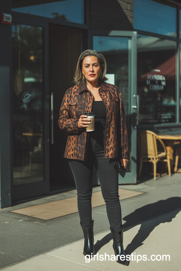 Animal-Print Jacket and Black Jeans
