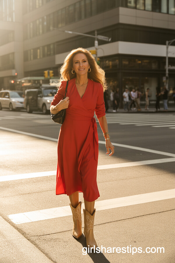 Red Wrap Dress and Gold Earrings