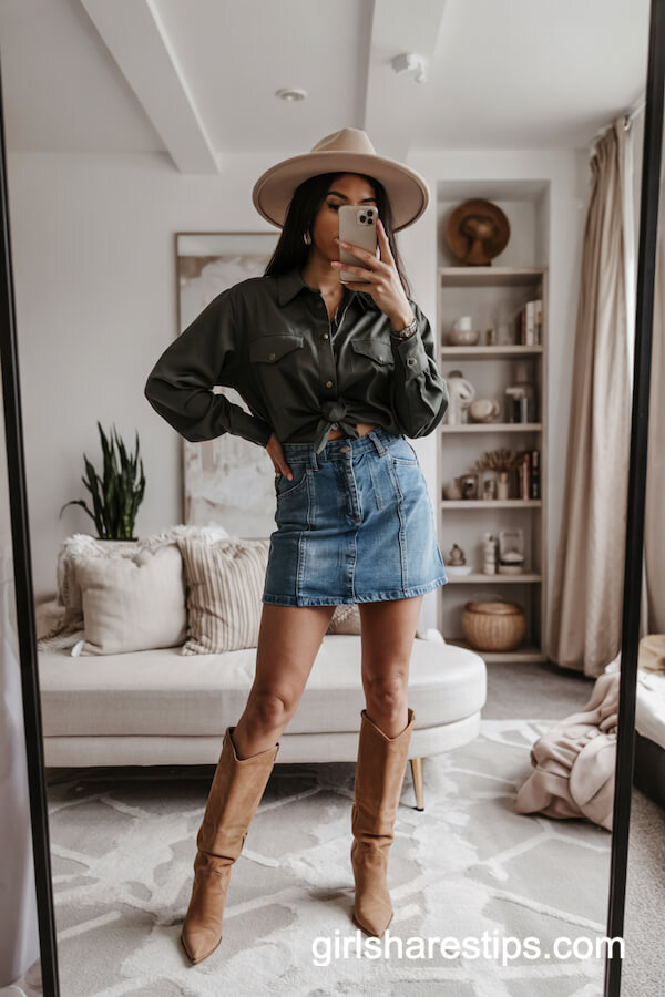 Denim Mini Skirt and Western Green Blouse