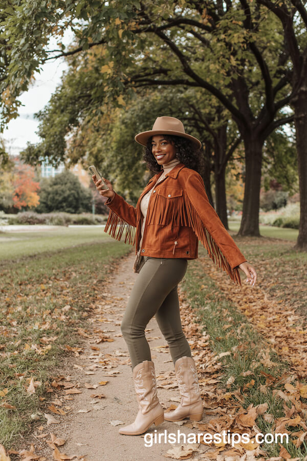 Suede Fringe Jacket and Olive Leggings Combo