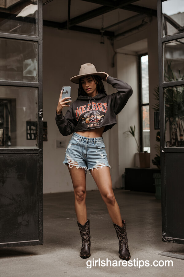 Cropped Hoodie and Distressed Denim Shorts
