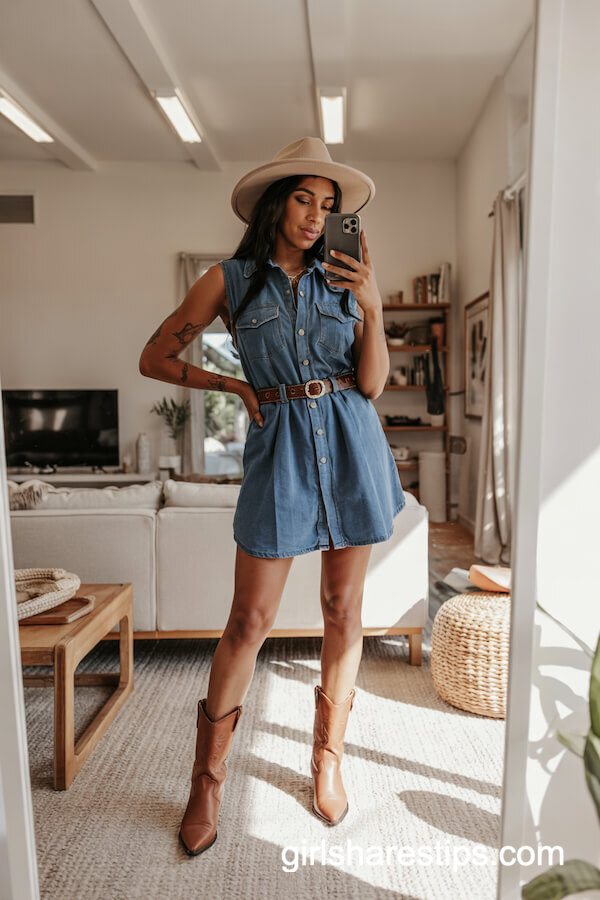 Sleeveless Denim Dress and Brown Cowgirl Boots