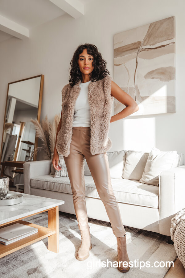 Faux-Fur Vest with Beige Faux Leather Leggings