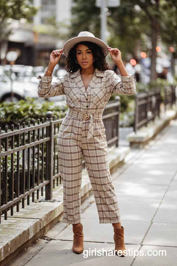 Plaid Jumpsuit and Brown Ankle Boots Cowgirl Look