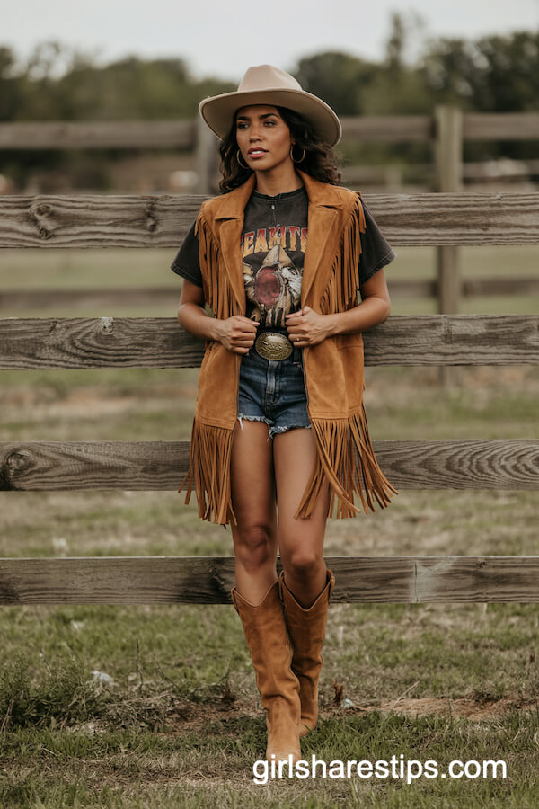 Suede Fringe Vest and Graphic Tee Combo