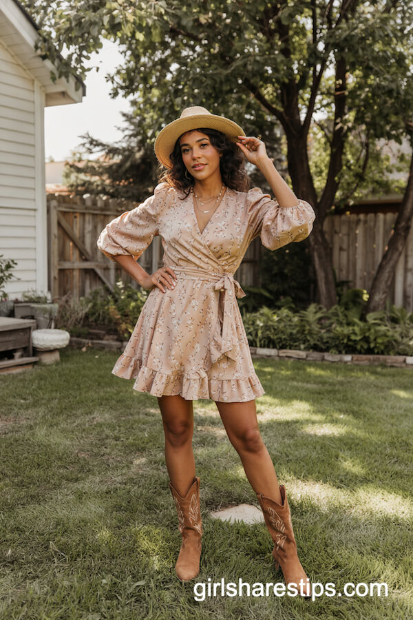 Flirty Floral Wrap Dress with Suede Boots