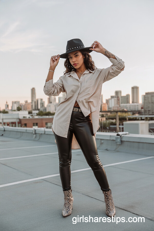 Studded Hat and Faux Leather Leggings Look