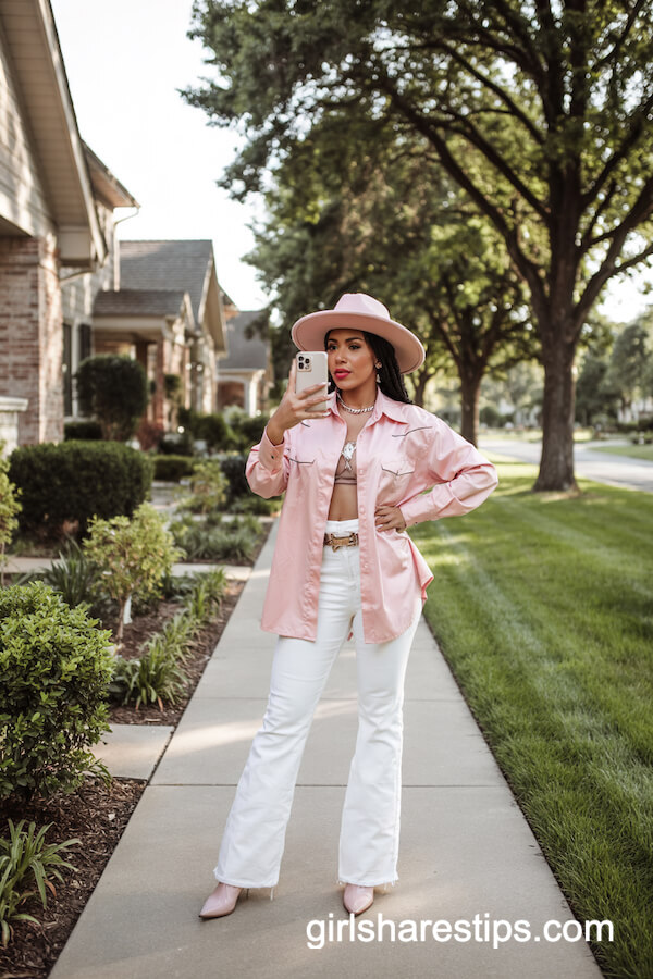 Pastel Pink Western Shirt and White Bootcut Pants