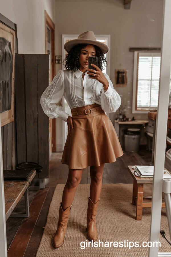 Lace Blouse and Tan Leather Skirt Ensemble