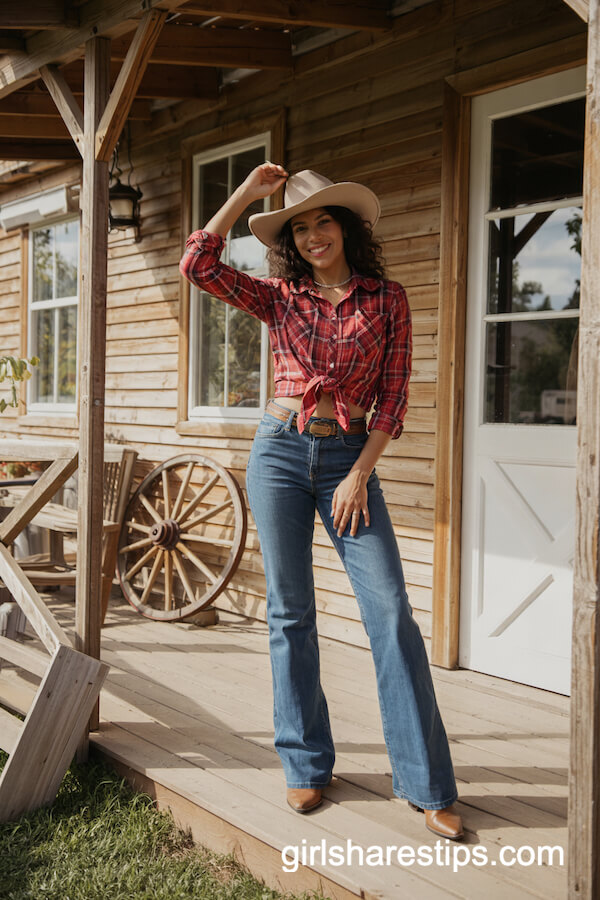 Red Plaid Shirt and Flared Jeans Outfit