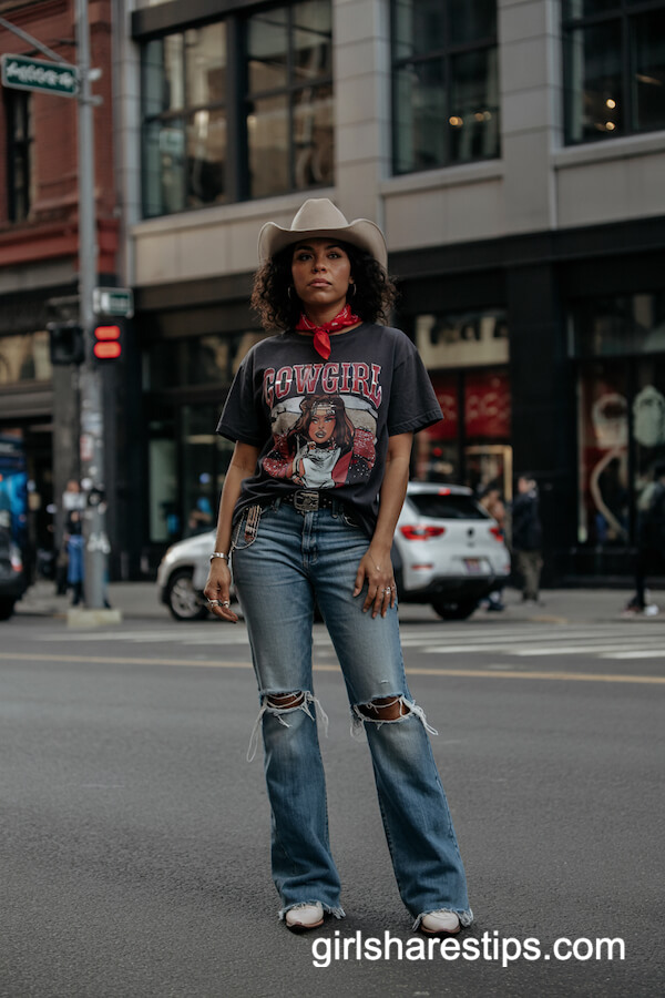 Bold Cowgirl Graphic Tee with Flare Jeans