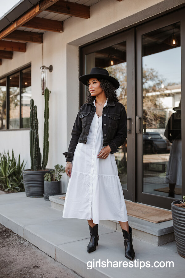 White Midi Dress with Black Denim Jacket Style