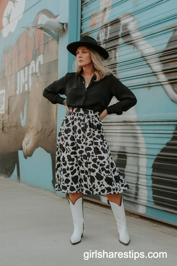 Black and White Cow-Print Midi Skirt