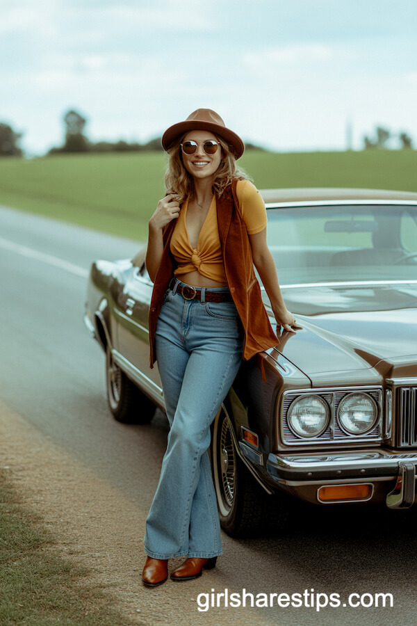 High-Waisted Flared Jeans with Mustard Top