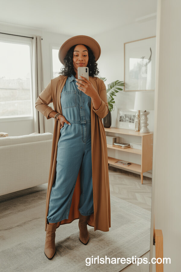 Long Tan Duster Over Denim Jumpsuit