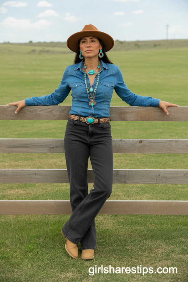 Fitted Denim Shirt with Turquoise Jewelry