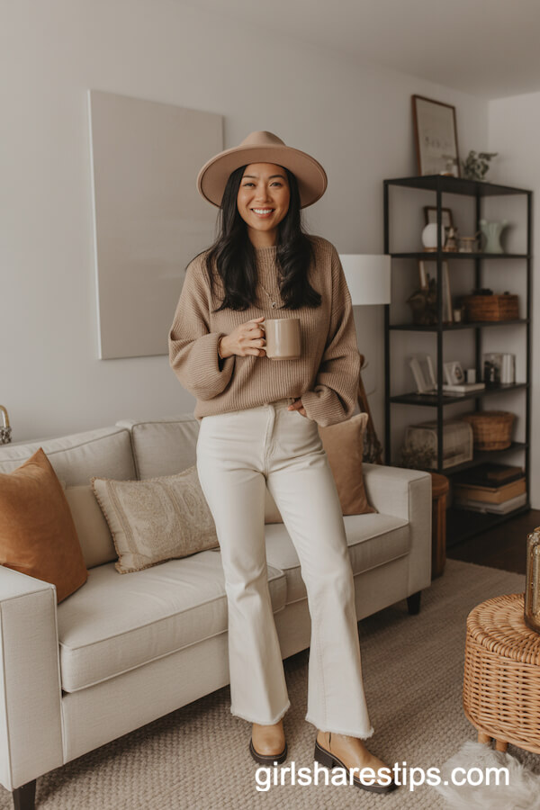 Beige Sweater with Off-White Flare Jeans