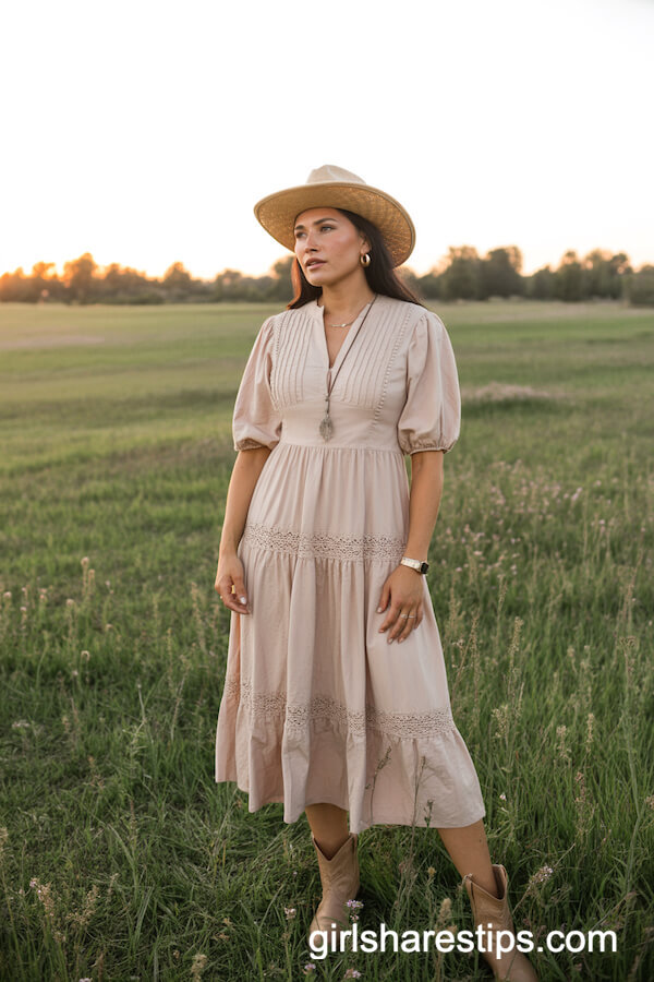 Soft Blush Prairie-Style Midi Dress