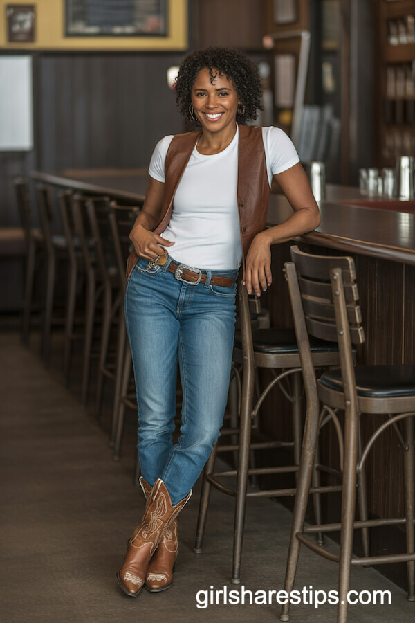Fitted White Tee with Leather Vest