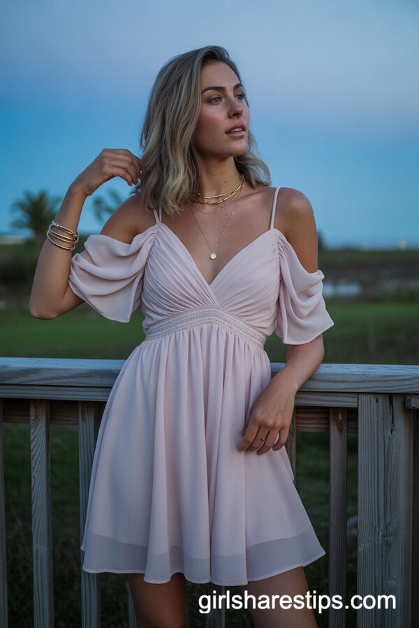 Pastel Flowy Chiffon Dress with Gold Jewelry
