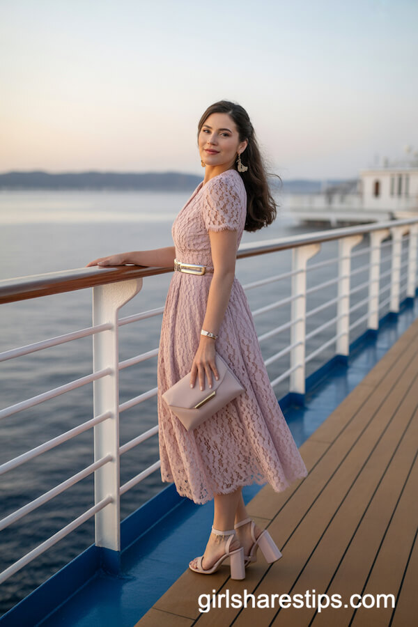 Romantic Lace Midi Dress with Pastel Heels