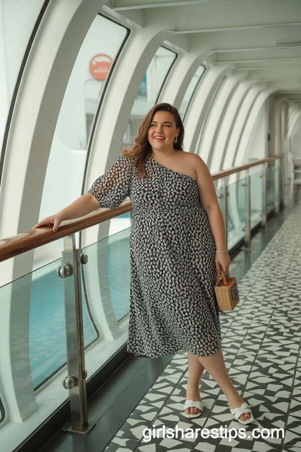Asymmetrical One-Shoulder Black and White Floral Dress