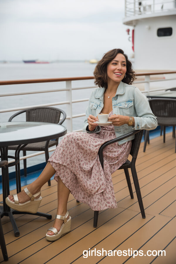 Floral Sundress with Light Denim Jacket and Wedge Sandals