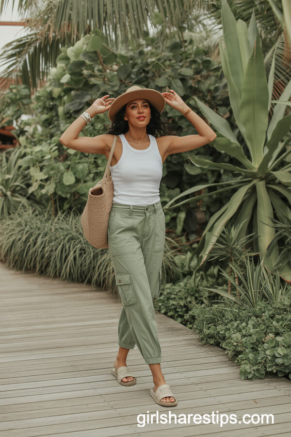 Sage Green Cargo Pants with Fitted White Tank Top