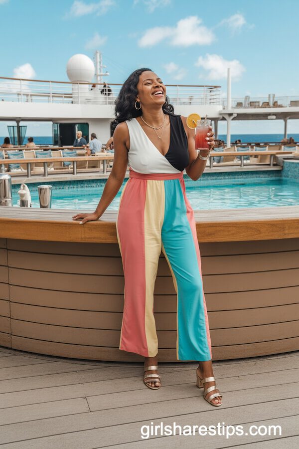 Bold Color-Blocked Jumpsuit with Metallic Sandals