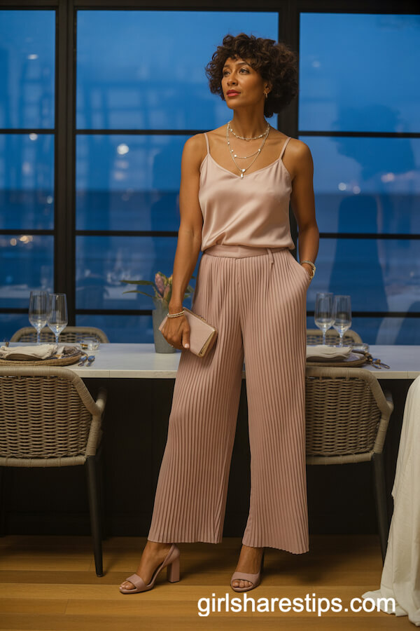 Chic Silk Camisole with Pleated High-Waisted Trousers