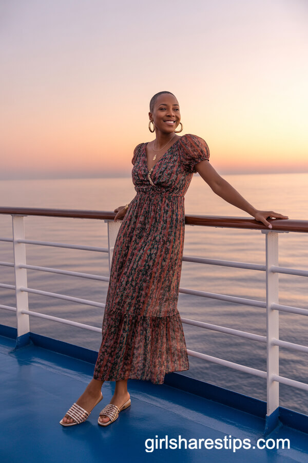 Colorful Patterned Maxi Dress with Gold Hoop Earrings