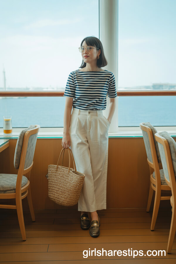 Navy-and-White Striped Boatneck Top with White Linen Pants