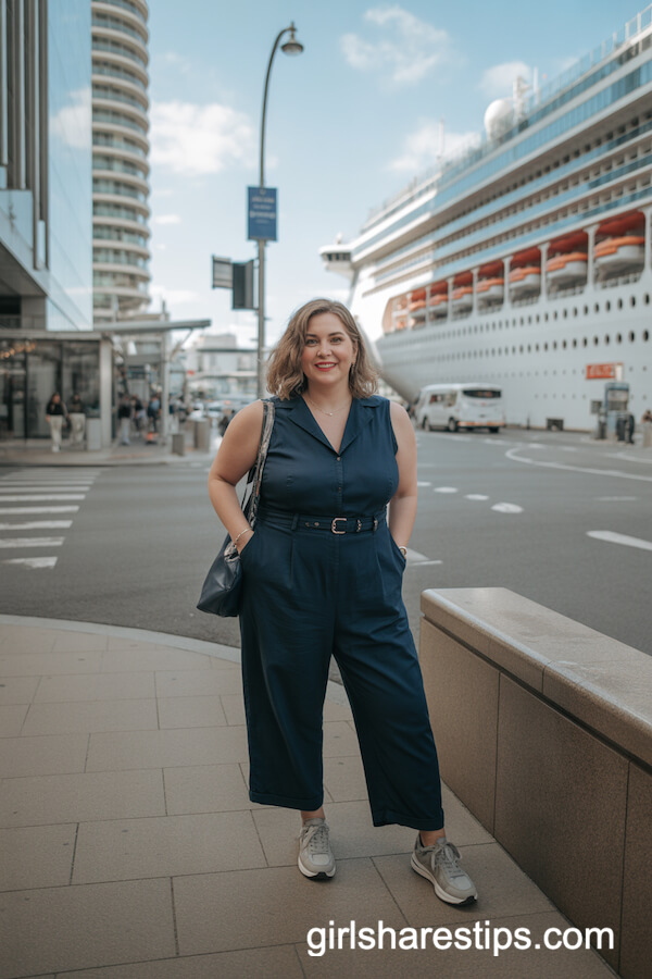 Sleeveless Belted Navy Jumpsuit with Casual Sneakers
