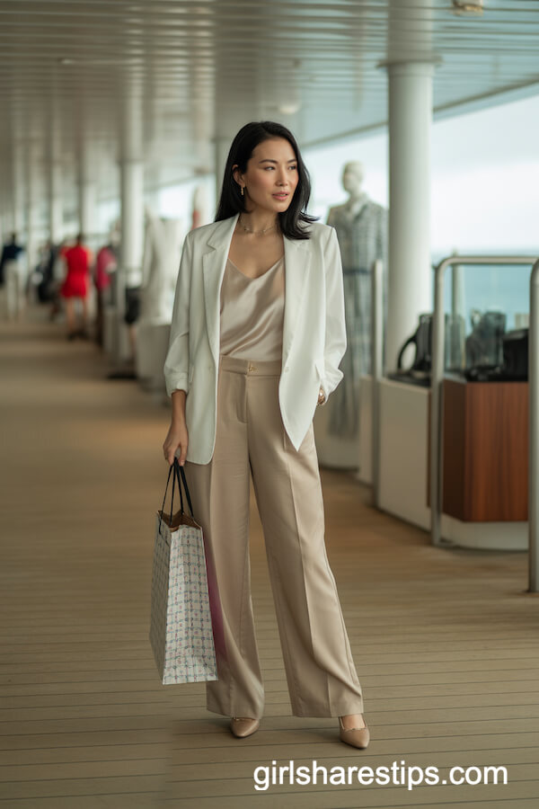 White Blazer Over Silk Camisole with Beige Wide-Leg Trousers