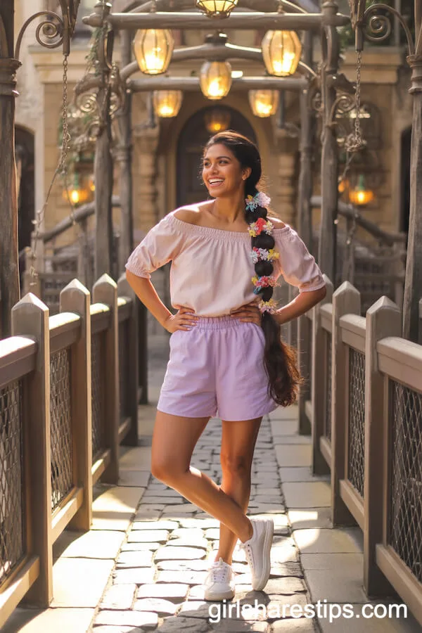 Vacation-Inspired Lavender Shorts and Off-Shoulder Top Outfit