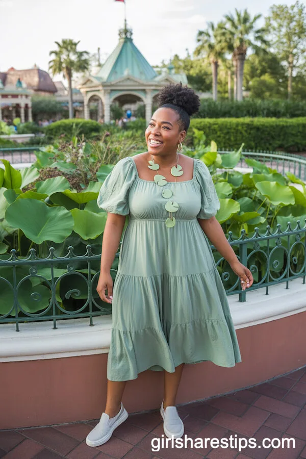Princess Tiana-Inspired Green Midi Dress and Lily Pad Necklace