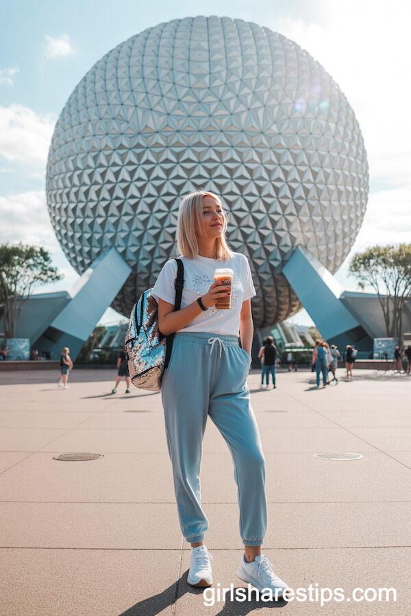 Casual Epcot Ensemble with Blue Jogger Pants and Sparkly White Tee