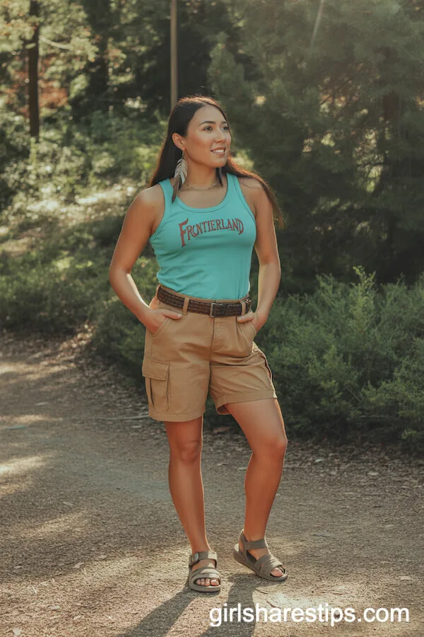 Frontierland-Ready Look with Tan Cargo Shorts and Turquoise Tank