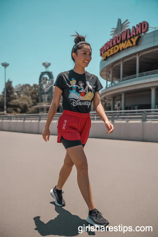 Sporty Disney Princess Tee with Red Athletic Shorts and Running Shoes
