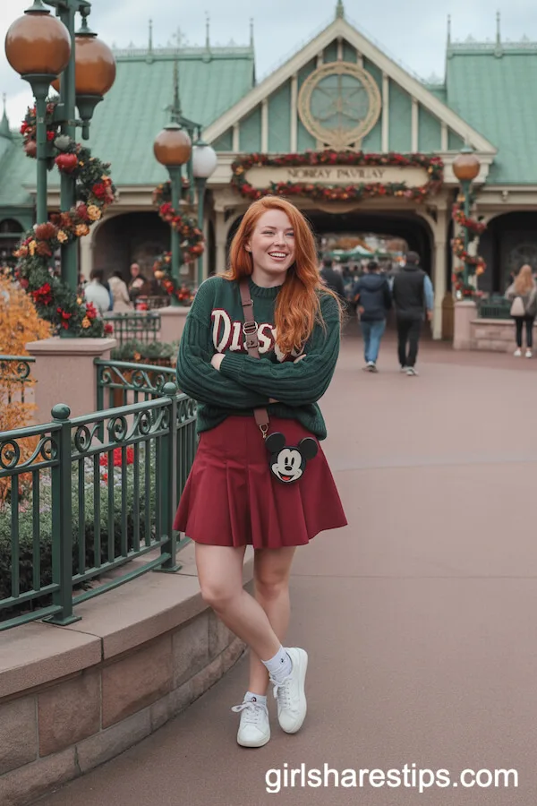 Autumn-Inspired Burgundy Skort and Forest Green Disney Sweater Combo