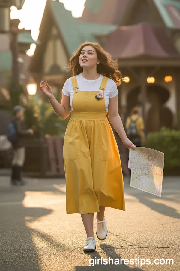 Bright Yellow Overall Dress with Rose Accents for a Playful Disney Day