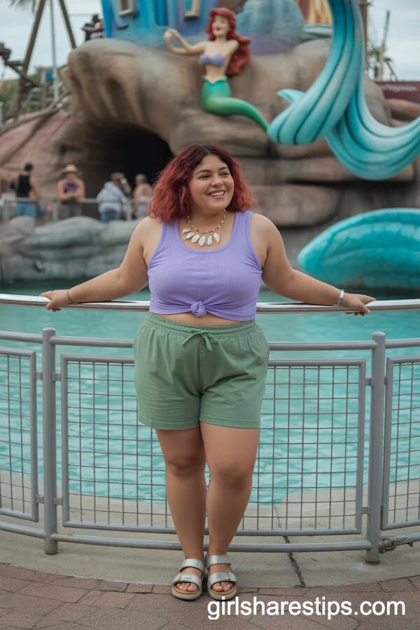 Little Mermaid Vibes with Green Shorts and Purple Tank Combo