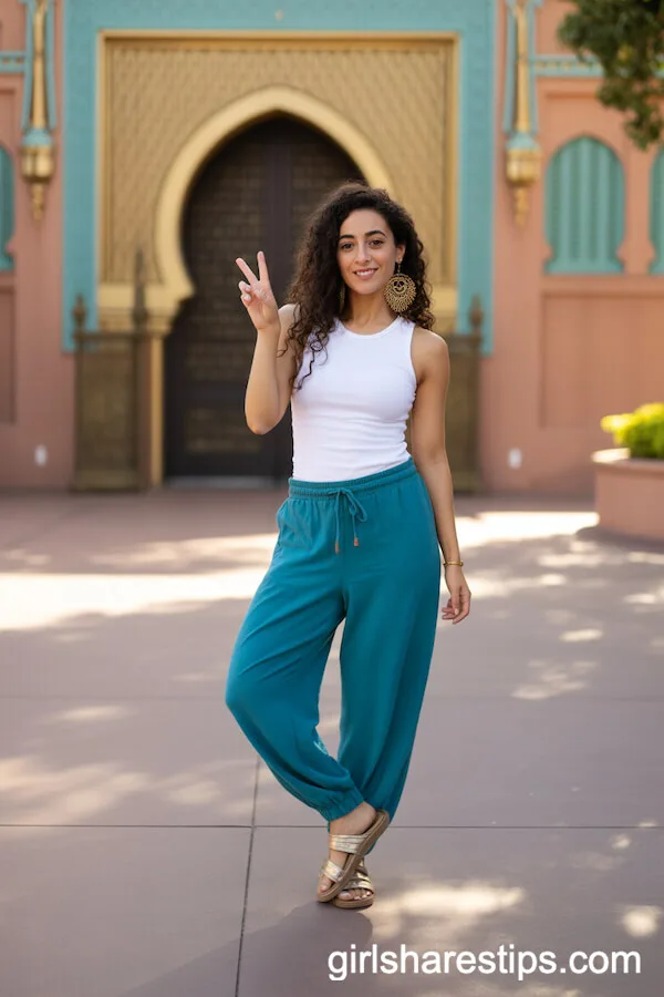 Chic Teal Drawstring Pants and Statement Earrings for World Showcase Style