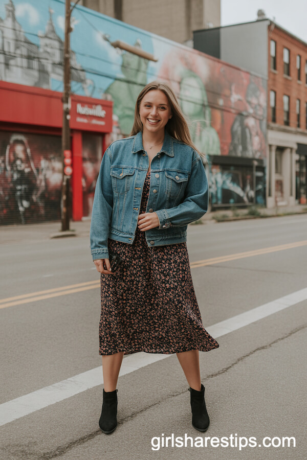 Denim Jacket Over a Floral Midi Dress With Ankle Boots