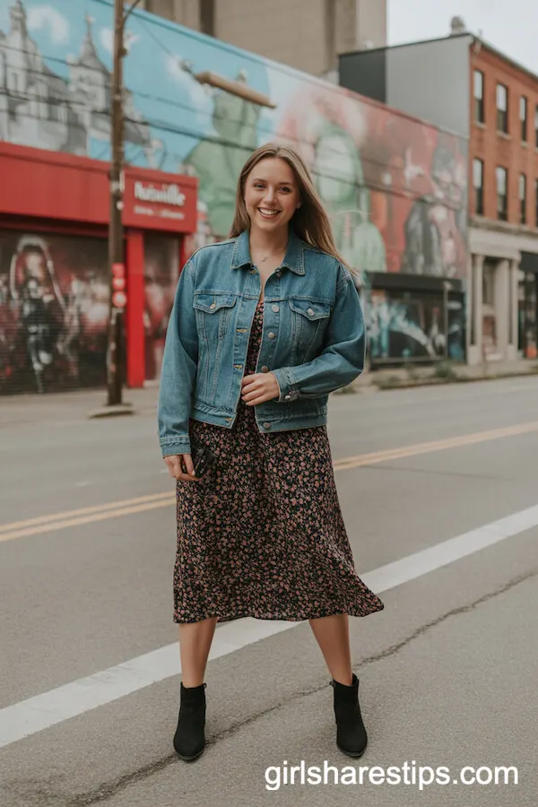Denim Jacket Over a Floral Midi Dress With Ankle Boots