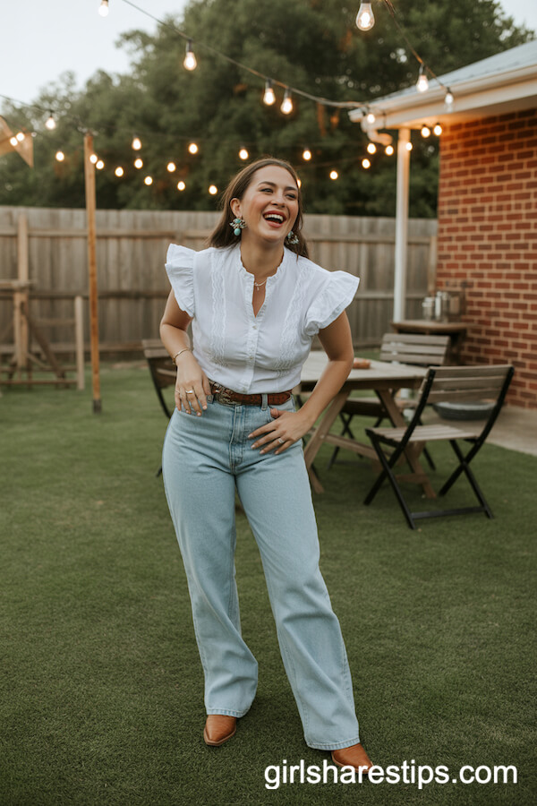 Western Ruffled Blouse High-Waisted Jeans With Cowboy Boots