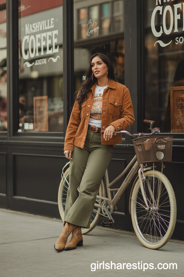 Corduroy Jacket, Western Tee, Olive Wide-Leg Pants With Suede Boots