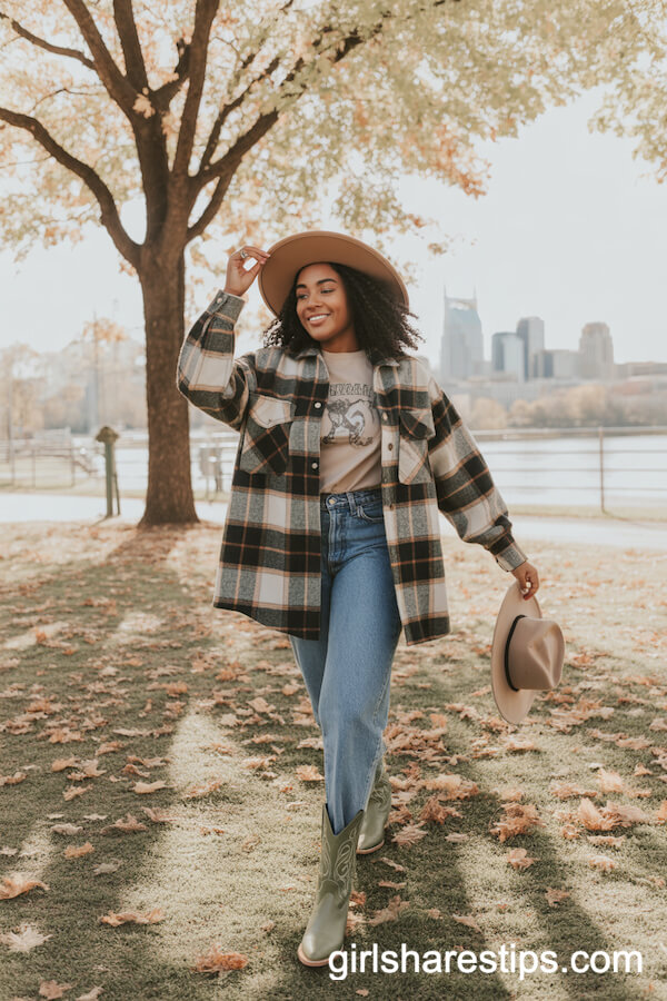 Plaid Shacket, High-Waisted Jeans, Sage Green Cowboy Boots