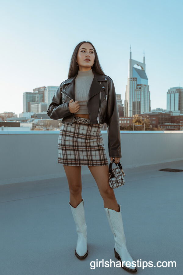 Cropped Leather Moto Jacket Plaid Mini Skirt White Cowgirl Boots