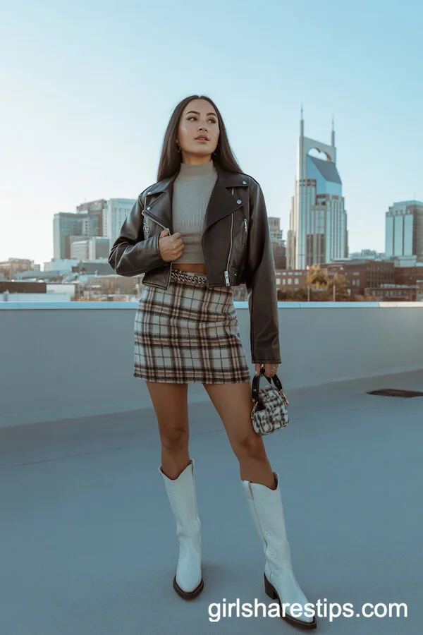 Cropped Leather Moto Jacket Plaid Mini Skirt White Cowgirl Boots